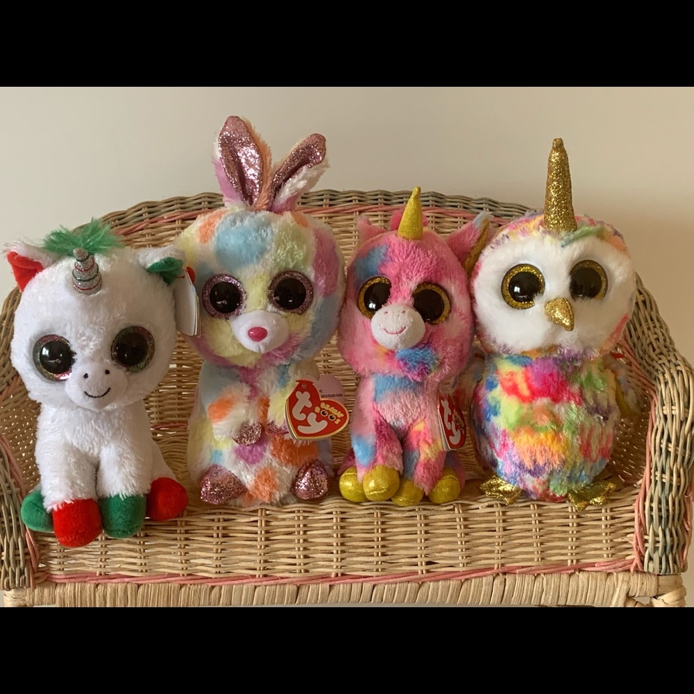 Set of  4 New TY Glitter Beanie Boos Candy Cane, Fantasia,  Enchanted and Bloomy